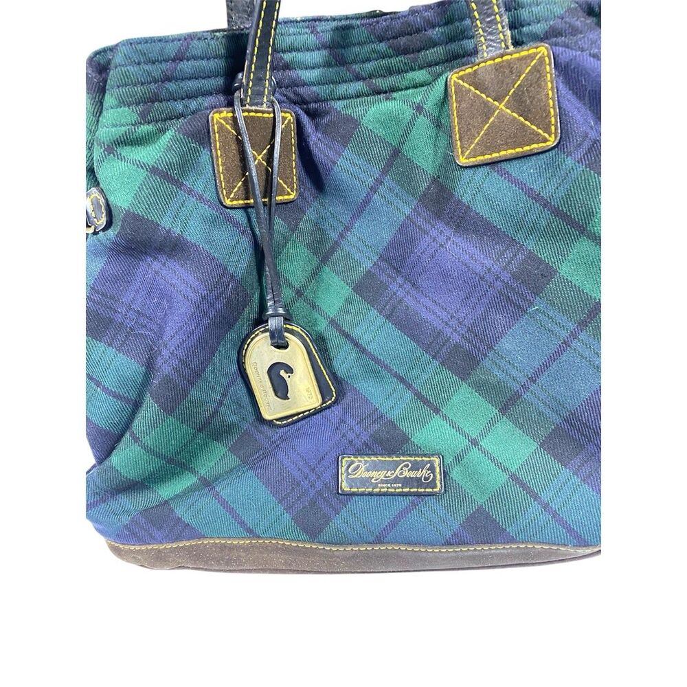 Dooney & Bourke Blackwatch Plaid Wool Tote Green Navy Leather Shoulder Bag - Picture 3 of 10